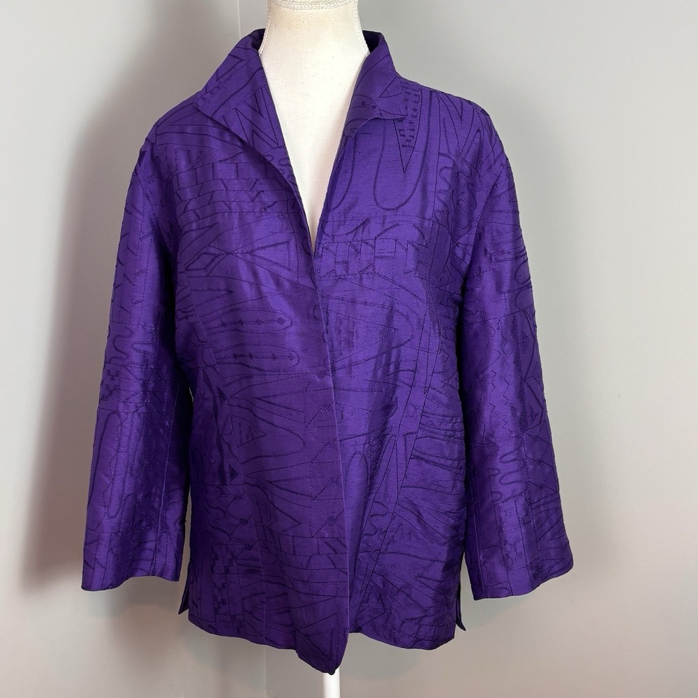 VTG Chicos Silk Blend Purple Textured  Jacket Blazer Womens Sz 2/L 90s Art